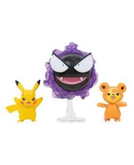 Pack de 3 figuras jazwares pokemon batalla teddiursa pikachu y gastly