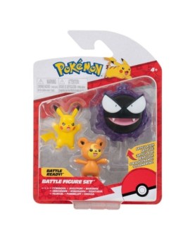 Pack de 3 figuras jazwares pokemon batalla teddiursa pikachu y gastly